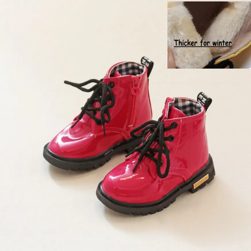 rose red with fleece Новинка; зимняя детская обувь из искусственной кожи; водонепроницаемые ботинки martin; детские зимние ботинки; брендовые резиновые сапоги для мальчиков и девочек; модная обувь; S - Цвет: rose red with fleece