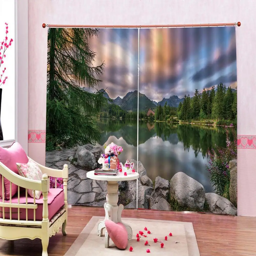 

Landscape Customized 3D Curtain Pure Mountain Lake Scenery with Trees and Cloudy Sky Nature scenery Print Drapes Decor