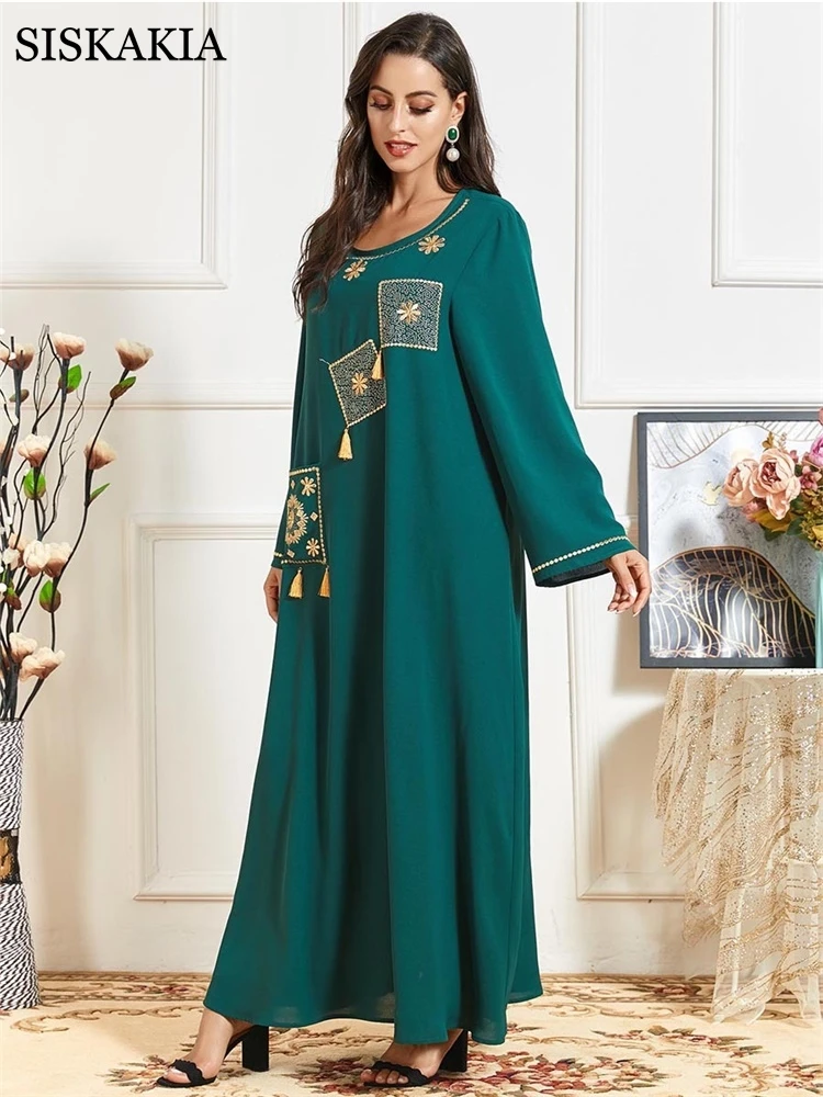 

Siskakia Maxi Dresses for Women Elegant Ethnic Geometric Embroidery Plus Size Middle East Muslim Arabic Clothes Ramadan Eid 2021