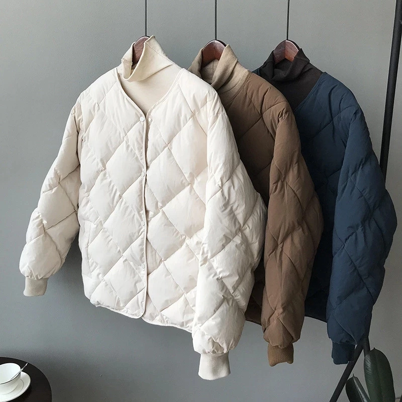 Women's Winter Short Coat Korean Solid Casual Oversize Parkas Women Single Breasted Puffer Jacket Rhombus Pattern Warm Outerwear
