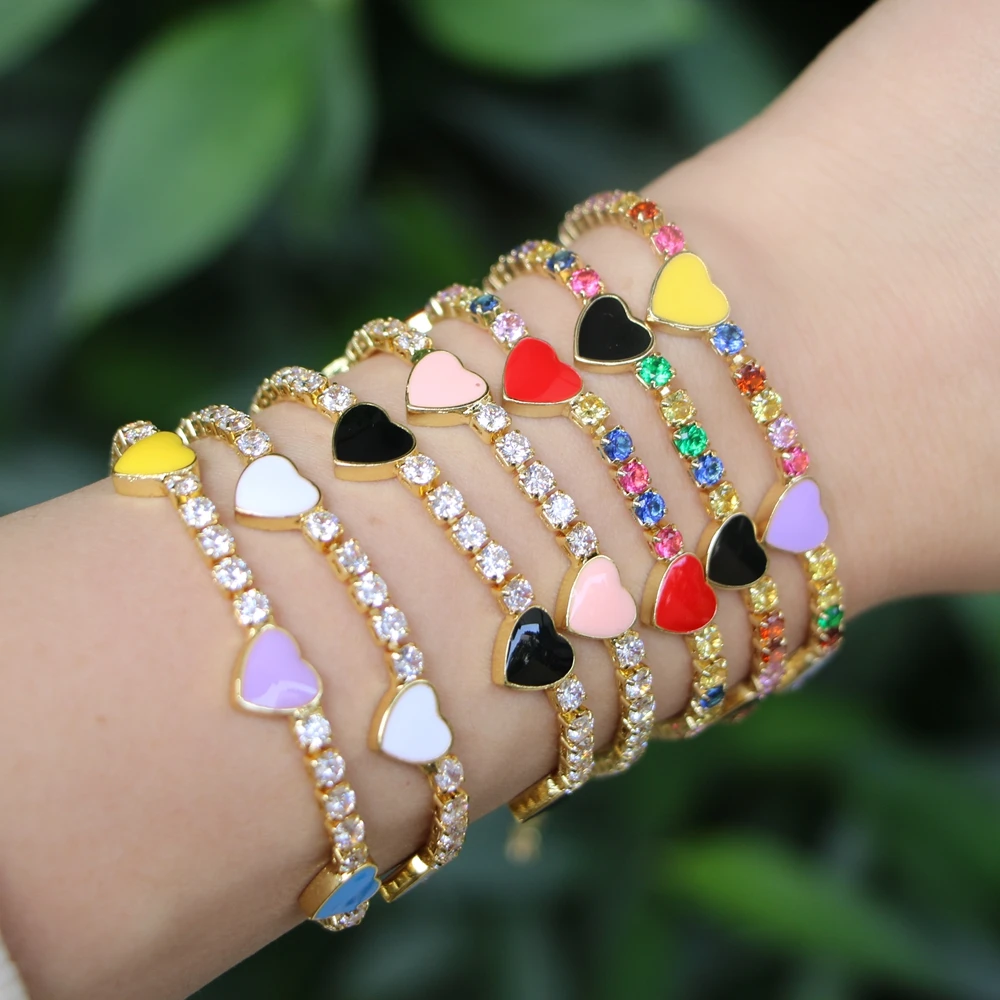 

5PCS, Colorful Enamel Star Heart Charm CZ Tennis Chain Bracelet Gold Color Rainbow Zircon Box Chain Trendy Women Gift Bracelet