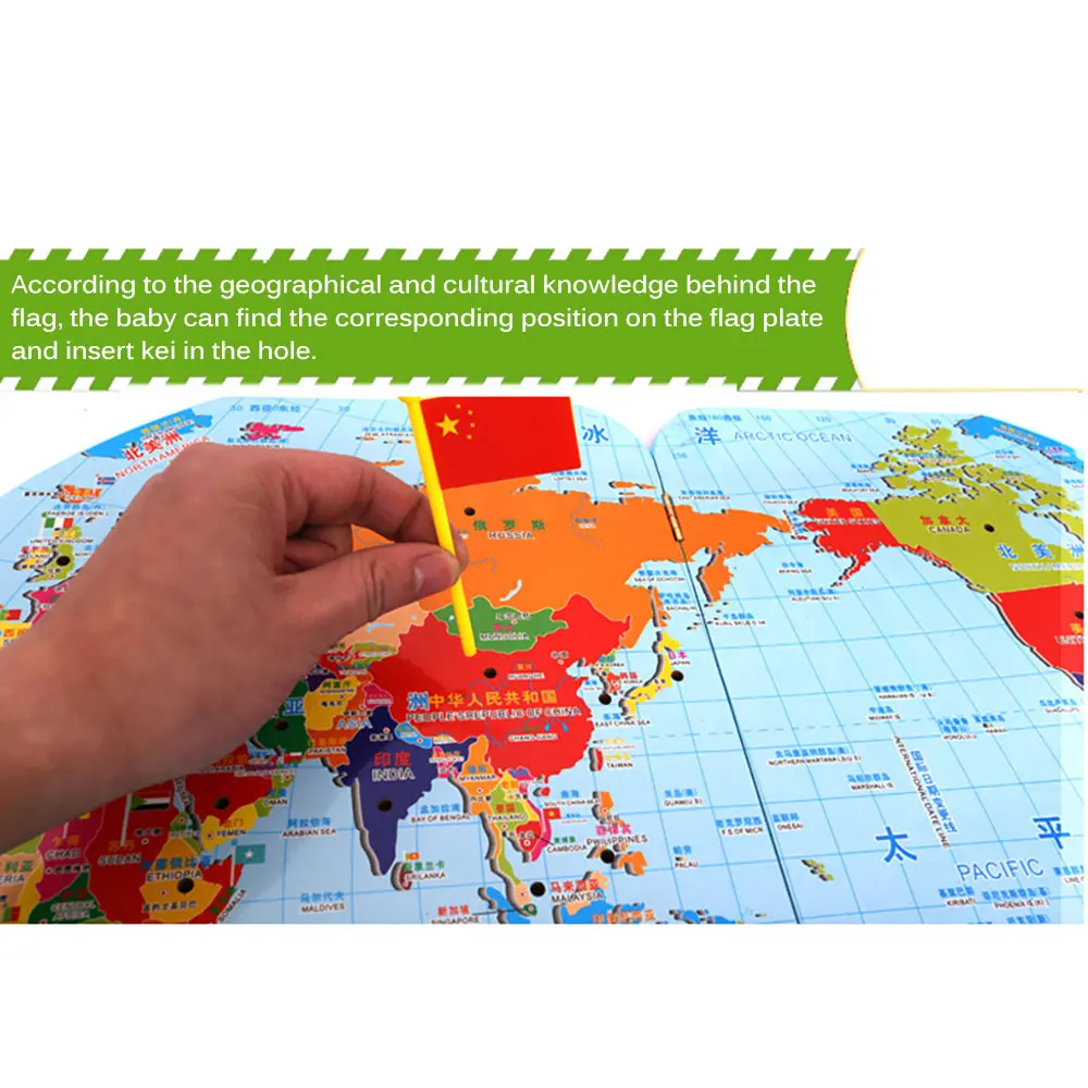 

Wooden Toy Children Puzzle Toys Map Of The World Flags Stereo Kids Gift Baby'S Cognition Geographical Knowledge