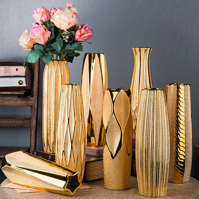 30CM Luxury Europe Gold Ceramic Vase Home Decor Creative Design Porcelain Decorative Flower For Wedding Decoration - купить по