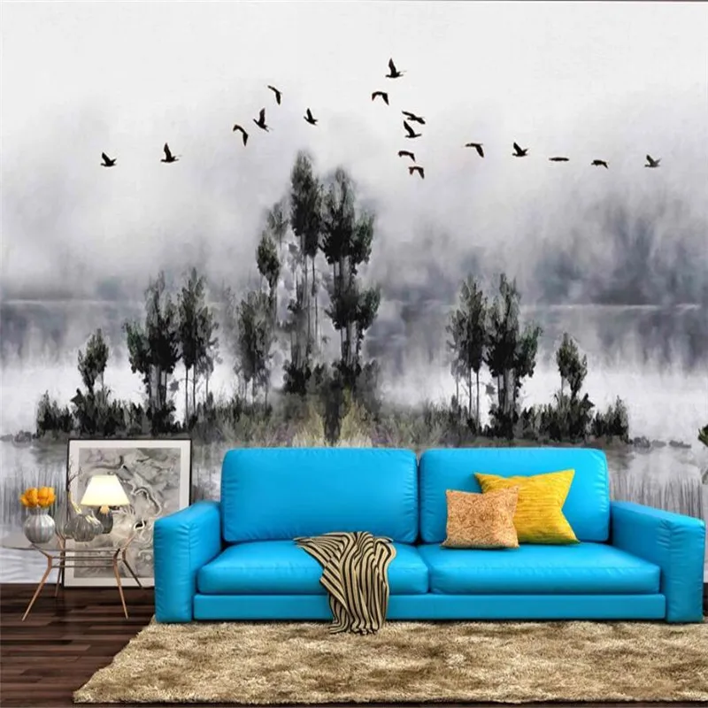 

Настенные 3D-обои Milofi на заказ, современный минималистичный фон с ручной росписью и изображением дыма, леса, птицы, украшение для дома