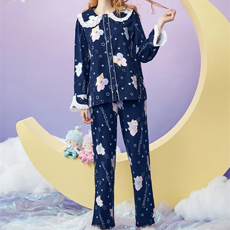 

Японская Пижама с рисунком из мультфильма «Две звезды» Для женщин; Сезон весна-лето; Комплект из рубашки и штанов в стиле Лолиты для девочек;...