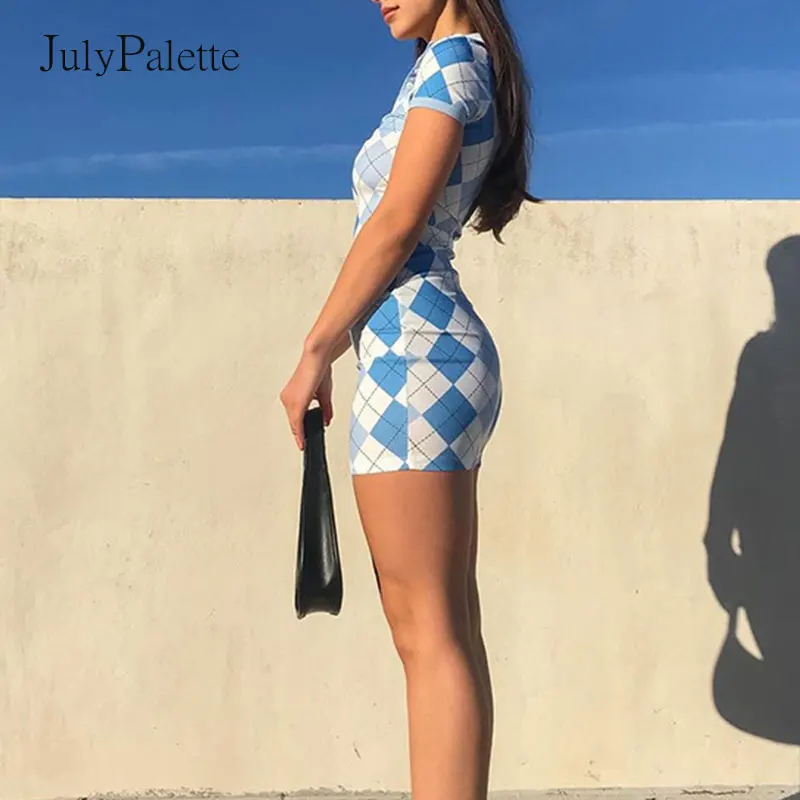 

Julypalette Fashion Lapel Geometric Pattern Bodycon Dress Summer Women Knitted Mini Dress High Waist Short Sleeve Club Dress