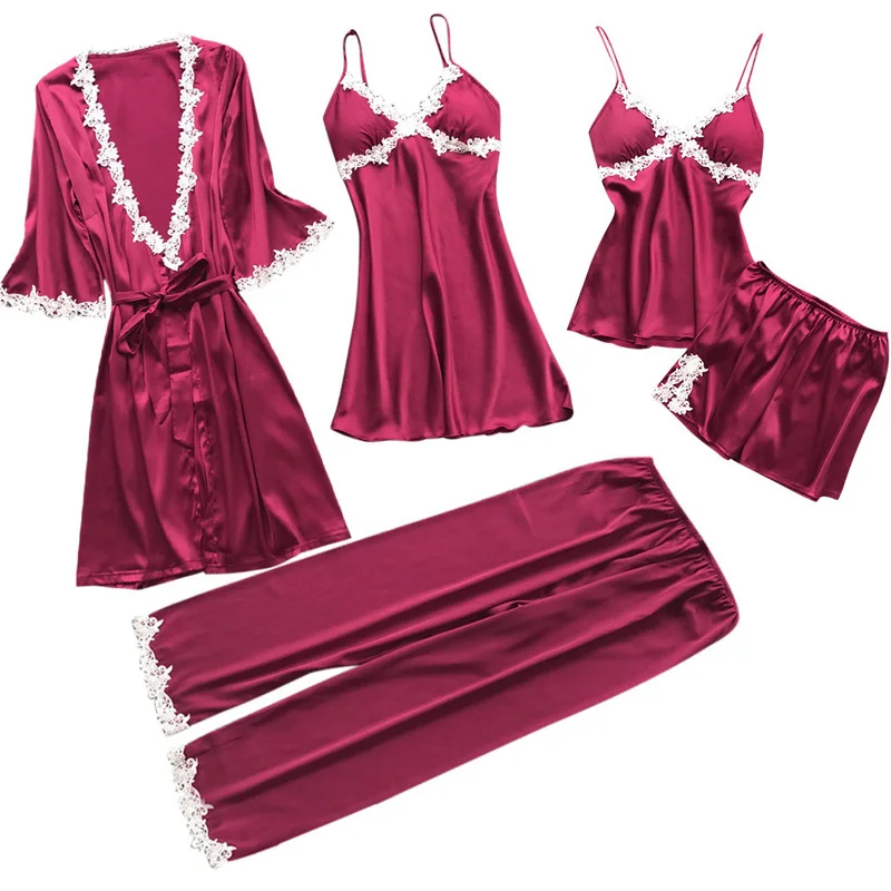 Wine Red 5 шт. женские сексуальные пижамы шелковые пижамы Осень Весна элегантное кружевное нижнее белье большой размер для сна - Цвет: Wine Red