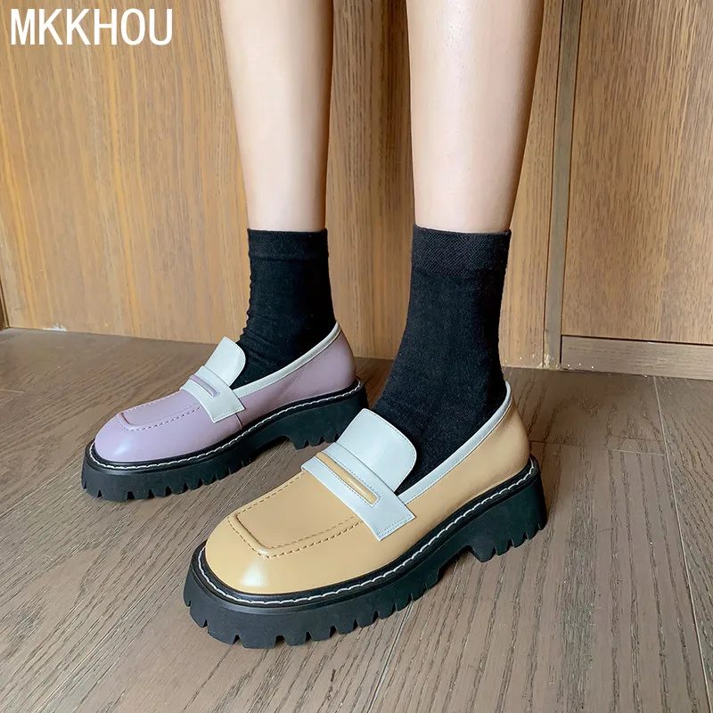 

MKKHOU модные туфли для женщин из натуральной кожи с круглым носком популярные цветные туфли на платформе женские повседневные легкие лоферы ...