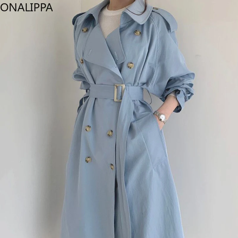 

Женский Тренч ONALIPPA, корейский шикарный темпераментный двубортный дизайнерский ветровка в британском стиле с ремешками на талии и разрезом ...