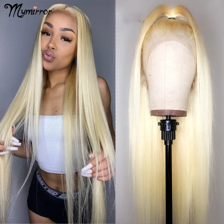 

MyMirror 13x6 блондинка Синтетические волосы на кружеве парик предварительно собранные человеческие волосы 613 прямые Синтетические волосы на кр...