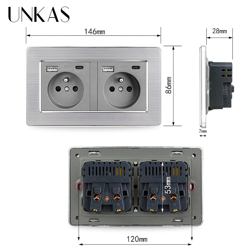 Французская розетка UNKAS с USB-портом типа C серого цвета + ТВ RJ11 телефонный разъем RJ45