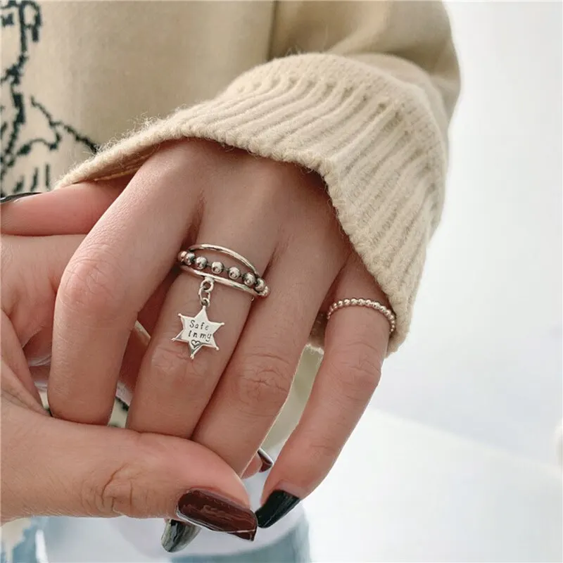 

Korean Cute Pentagram Planet Tassel Chain Rings For Women Creative Personality Geometric Finger Ring Statement Jewelry