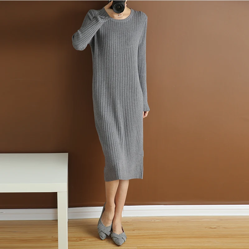 

O-neck knitted long sweater dress solid full sleeves casual stylish female winter pullover viscose sweaters
