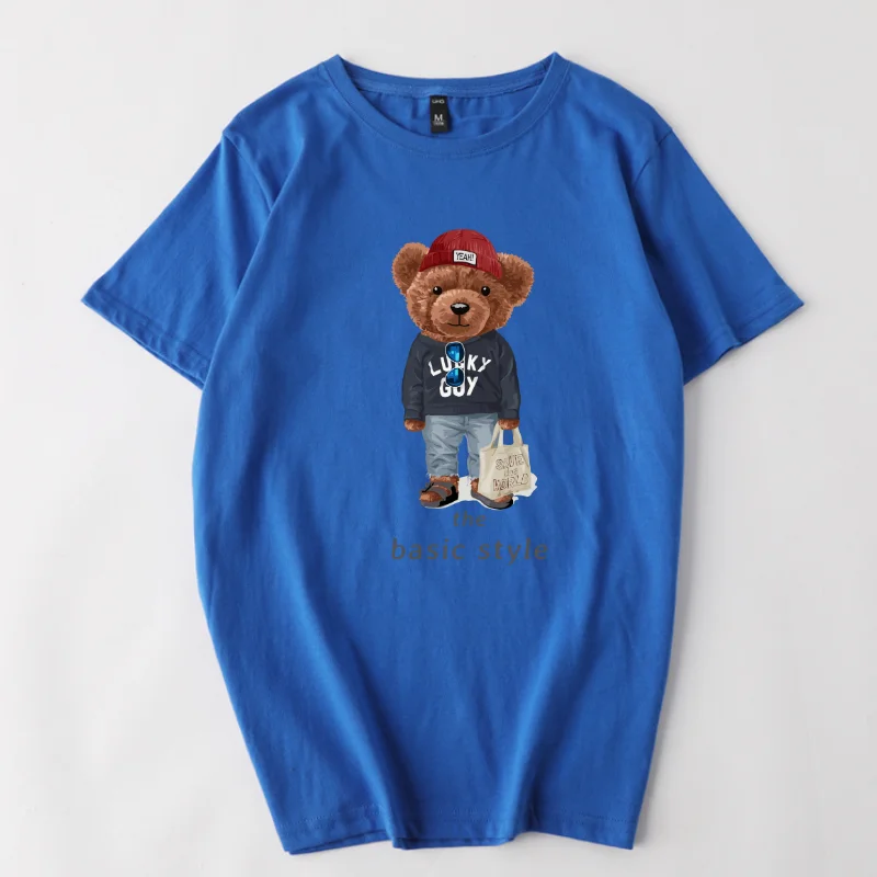 

100% combed Cotton Women T-Shirt 2021 Summer Crew Neck Short Sleeve Casual Fashion Top Cartoon Cute Bear Printed Female Clothing