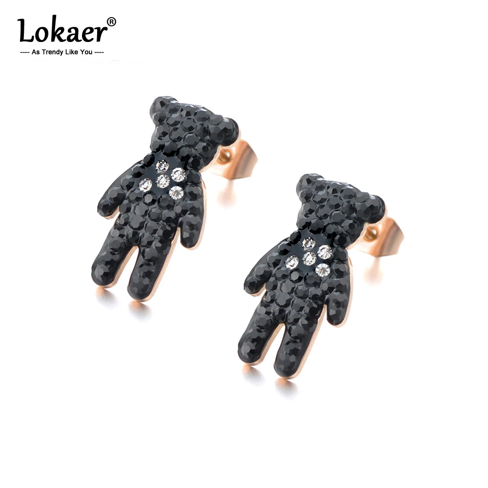 Женские серьги гвоздики Lokaer цвета розового золота в виде медведя с черными