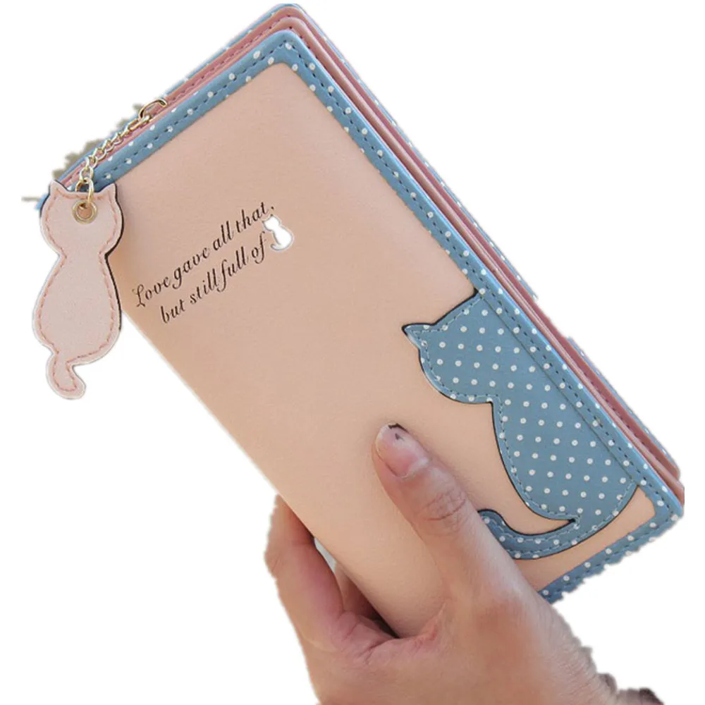 Мужской кожаный кошелек модный новый женский с кошкой длинный сумки