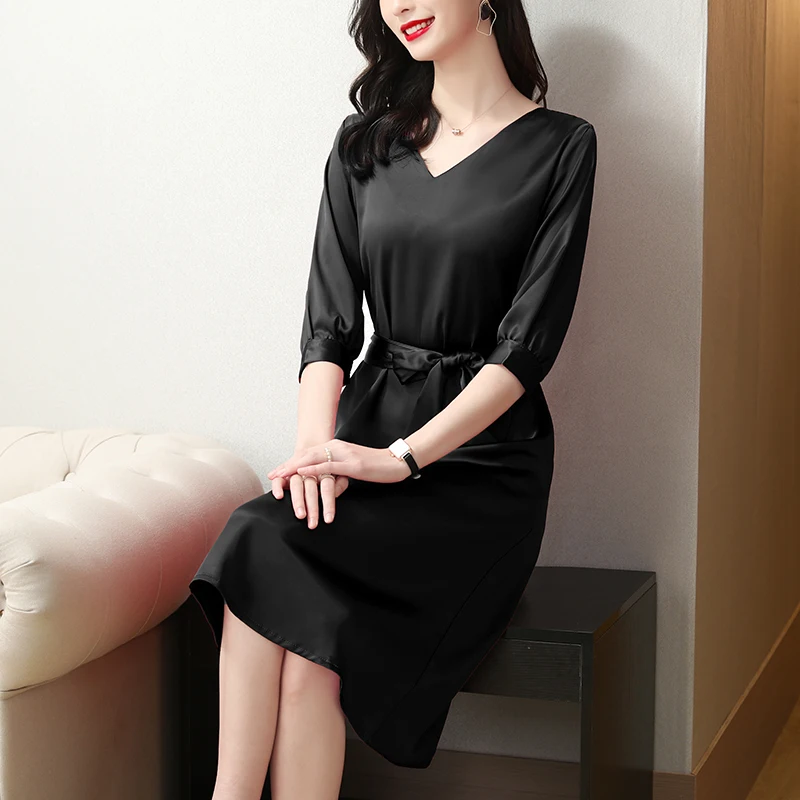 

Acetate satin dress early spring new charge tied with 7 minutes of sleeve with thin long OL dress in black
