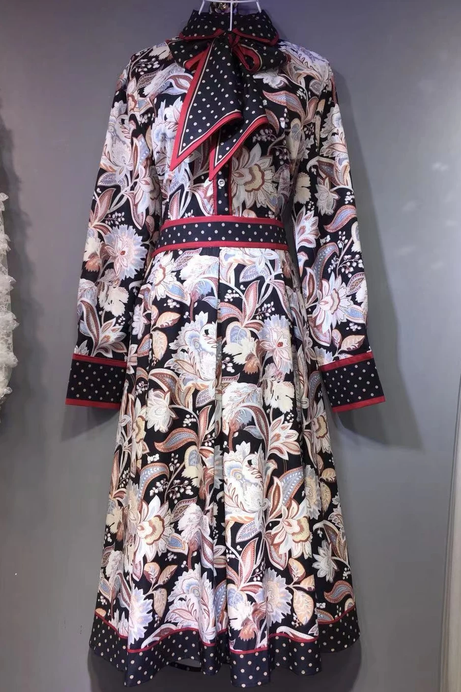 

2021 New Bow Lace Pleated Retro Print Full A-Line Mid-Calf Dresses Women