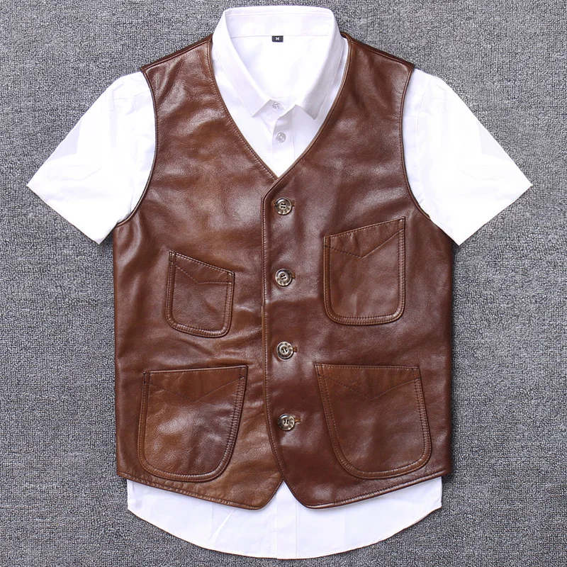 

Genuine Male Head Layer Cowhide Leather Clothing Cycling Halley Locomotive Moldova Fleet Vest 2020