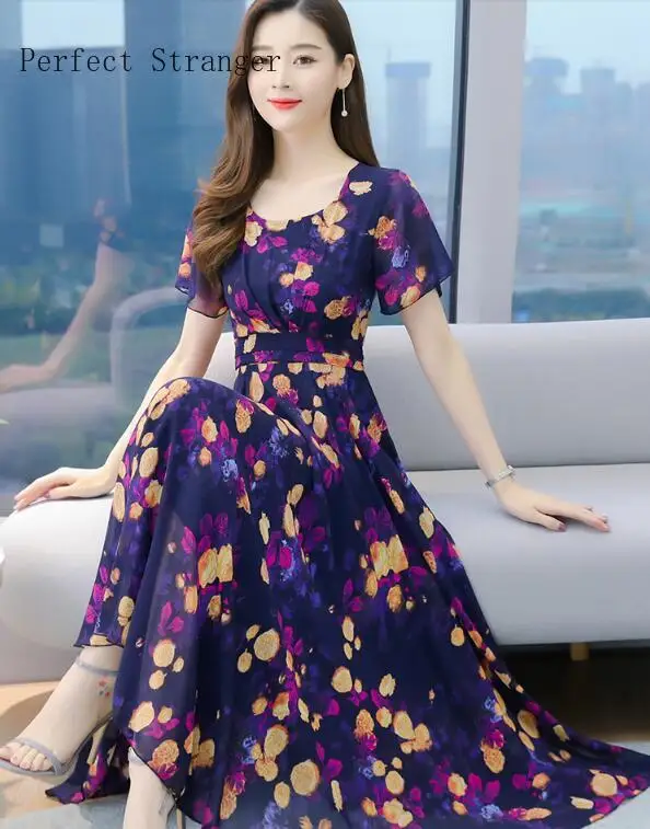 2021 Summer High Quality Elegant V Collar Short Sleeve Flower Printed Collect Waist Woman Chiffon Long Dress M-4XL | Женская одежда