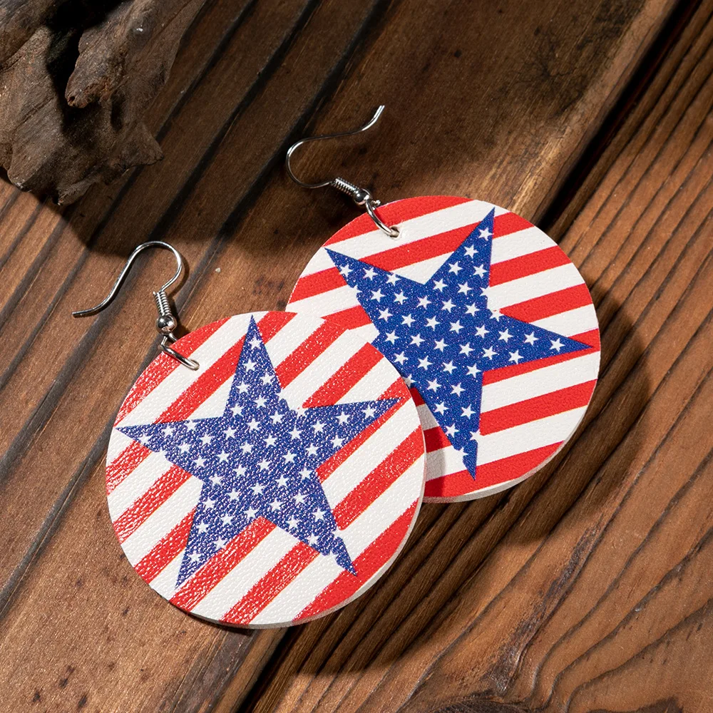 

4 th of July Patriotic Stars Geometric Round Leather Earrings Red White and Blue Stripes Earrings Independence Day Gifts