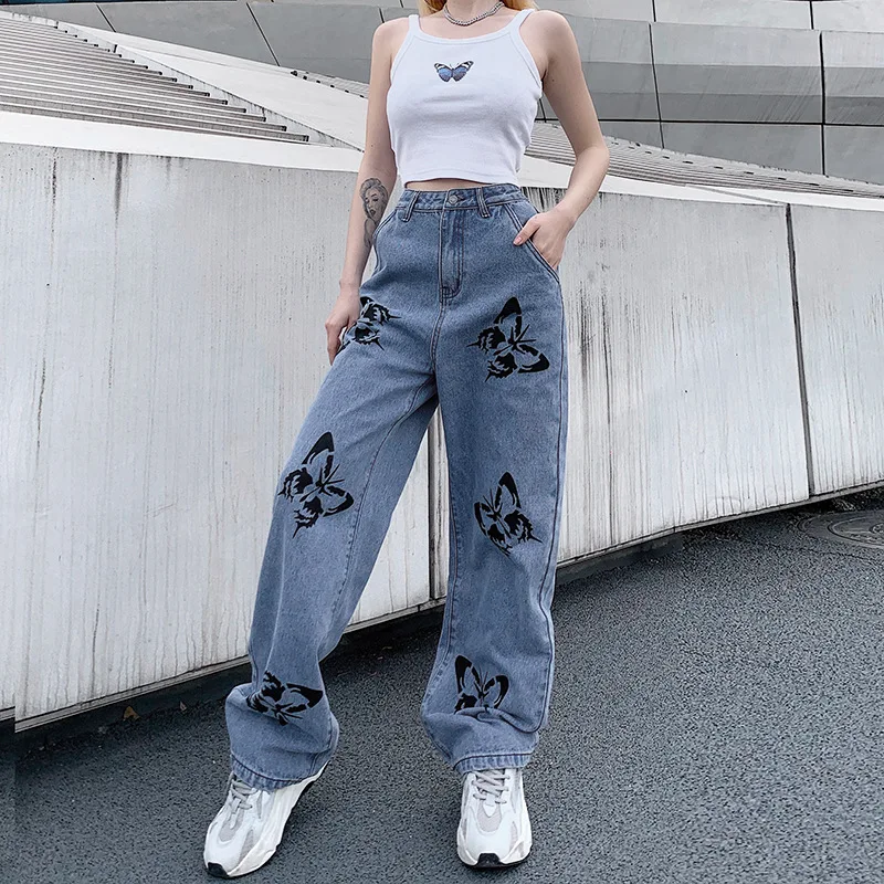 

printed New style street ins wide leg jeans style high waisted slim butterfly for women's loose pants