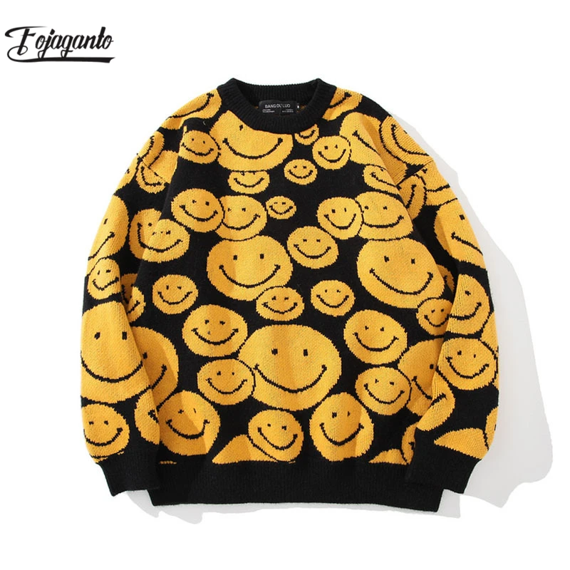 

FOJAGANTO Men's Oversize Sweaters Autumn Winter Tops Smile Cartoon Clothing HipHop Streetwear Pullover Casual Harajuku Clothes