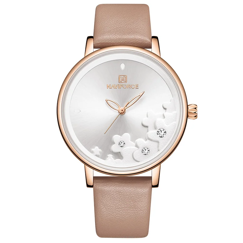 Rose Gold White NAVIFORCE люксовый бренд дамы цветок для женщин часы кожаный ремешок наручные часы Леди Мода кварцевые часы Девушка розовое золото Reloj Mujer - Цвет: Rose Gold White
