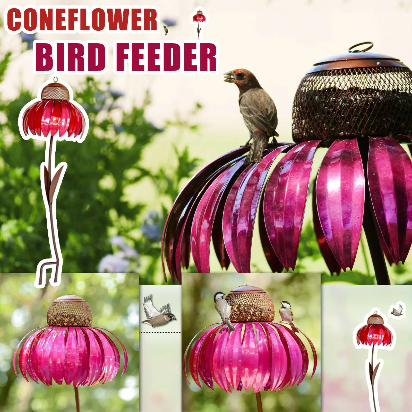 

Desert Steel Pink Coneflower Standing Bird Feeder 14 "w X 28" H Outside Rusts Resistant Garden Art Metal Birdfeeder With Stand