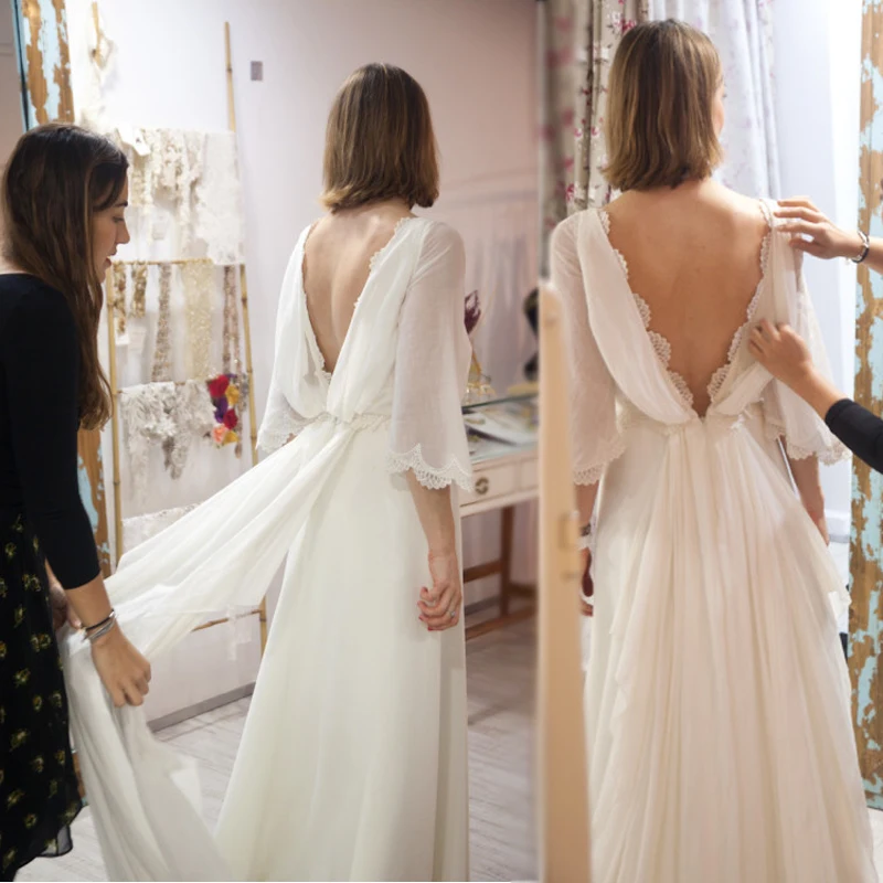 Свадебное платье с длинным рукавом размера плюс открытой спиной цвета слоновой