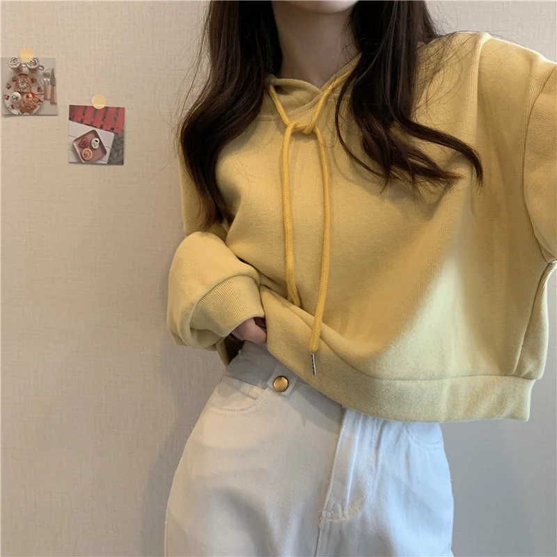 

Solid Color Sweet Hooded Hoodies Women Spring Autumn Casual Loose Drop Shoulder Draw String Short Sweatshirts Chic Pullover Tops