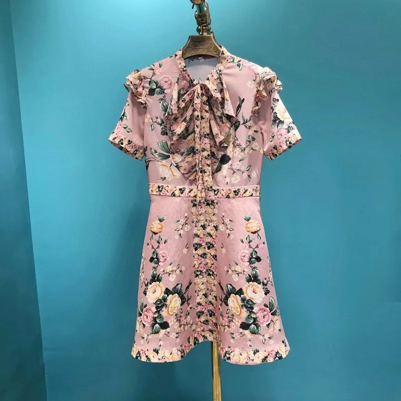 Платье женское ТРАПЕЦИЕВИДНОЕ с бантом повседневное коротким рукавом и оборками