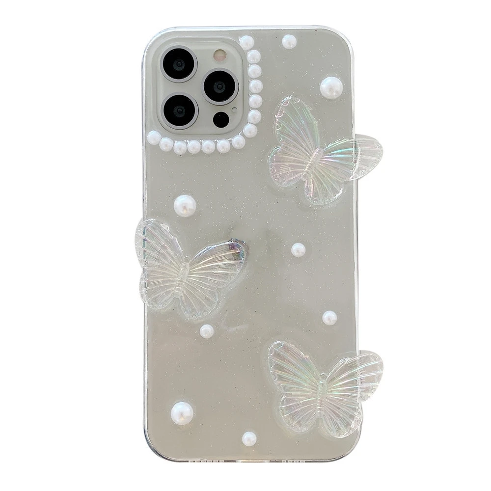 

Drop Glue Pearl Butterfly Phone Case For iPhone 12Mini 11 Pro Max XS XR Xs Max 8 7 Plus Clean Cover Clear Hard Plastic Coque