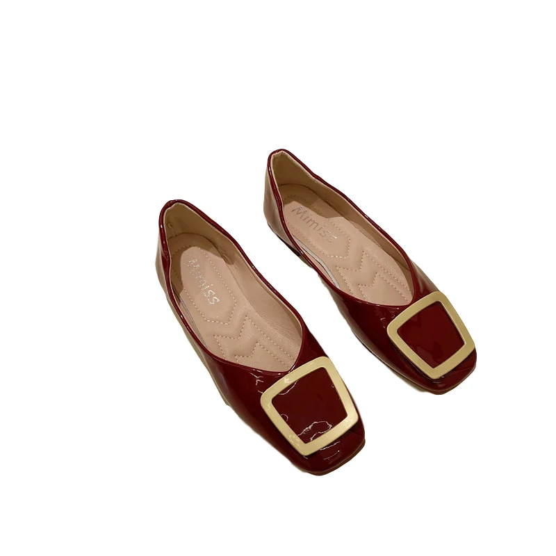 

Casual Woman Shoe Female Footwear Shallow Mouth Modis All-Match Patent Leather Ballet Flats Metal Chain Soft Square Toe Dress Bo