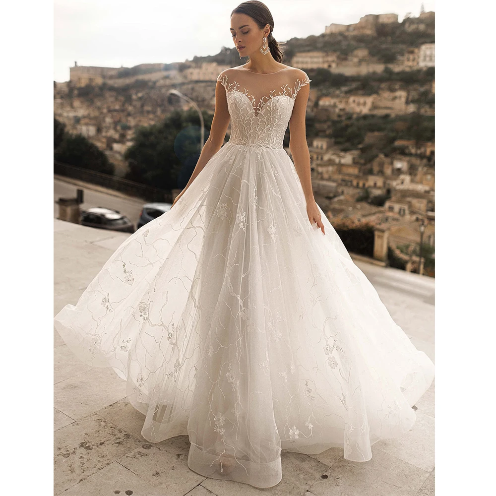 

Charming Wedding Dresses Lace Pleat O-Neck Sleeveless Covered Button A-Line Bridal Gowns Novia Do 2021