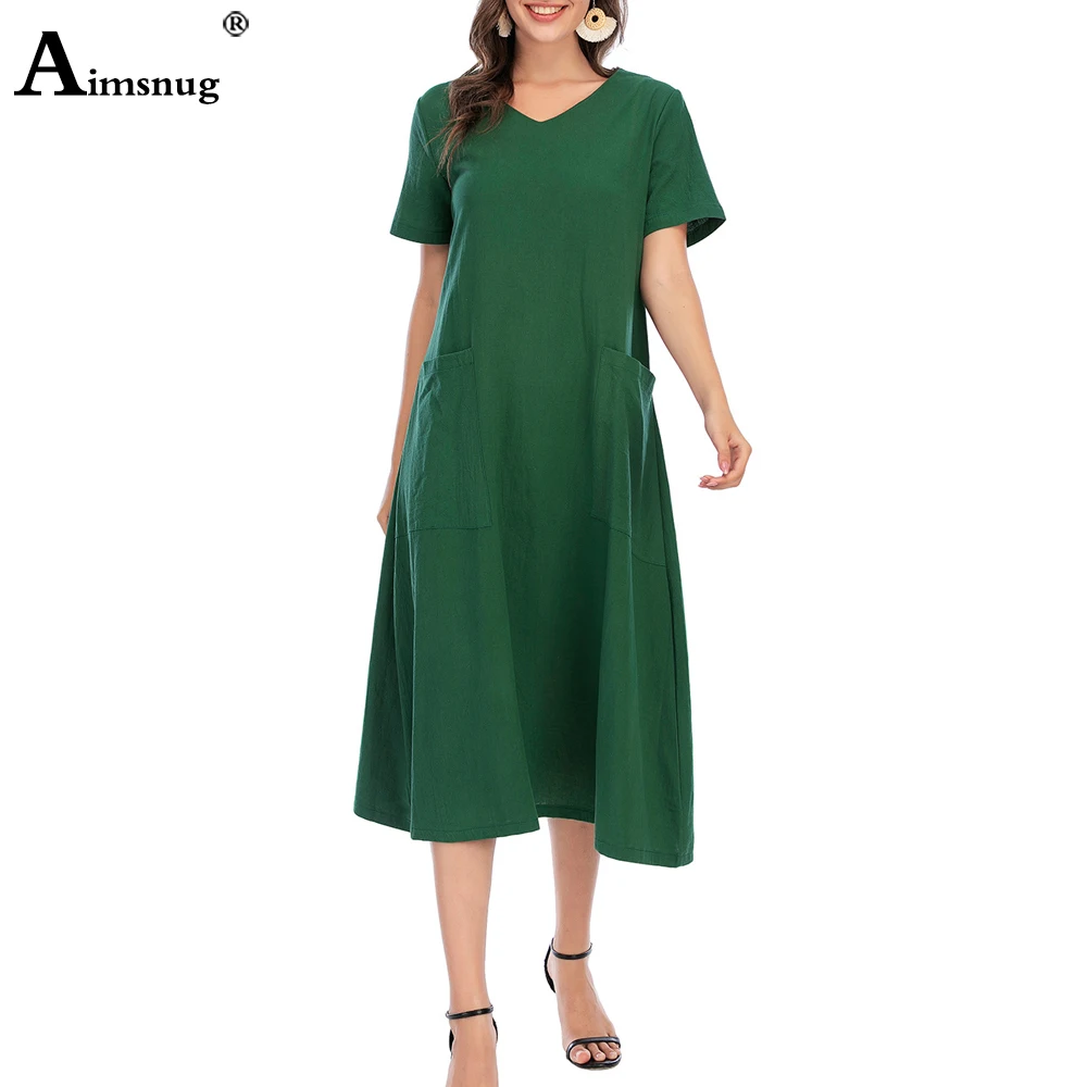 

Plus Size 5XL Ladies Elegant Leisure Dress Khaki Black Cotton Linen Party Dresses Women Vintage 2021 Summer Casual Loose Dress