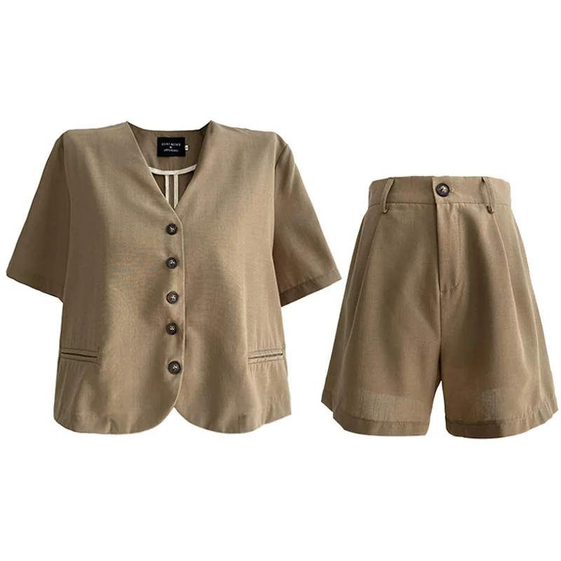 

Cotton Linen Short Sleeve Blazer Jacket + Casual Shorts Summer Women Two Piece Set