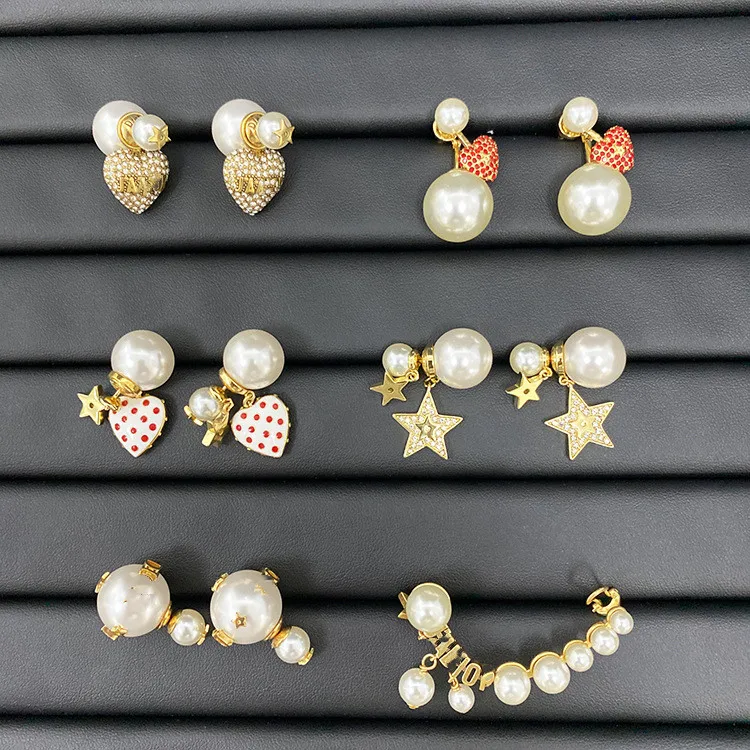 

Original Designer Brand D Letter Vintage Elegant Heart Star Crystal Pearl Dangle Stud Earrings Ear Clip Women Jewelry Party Gift