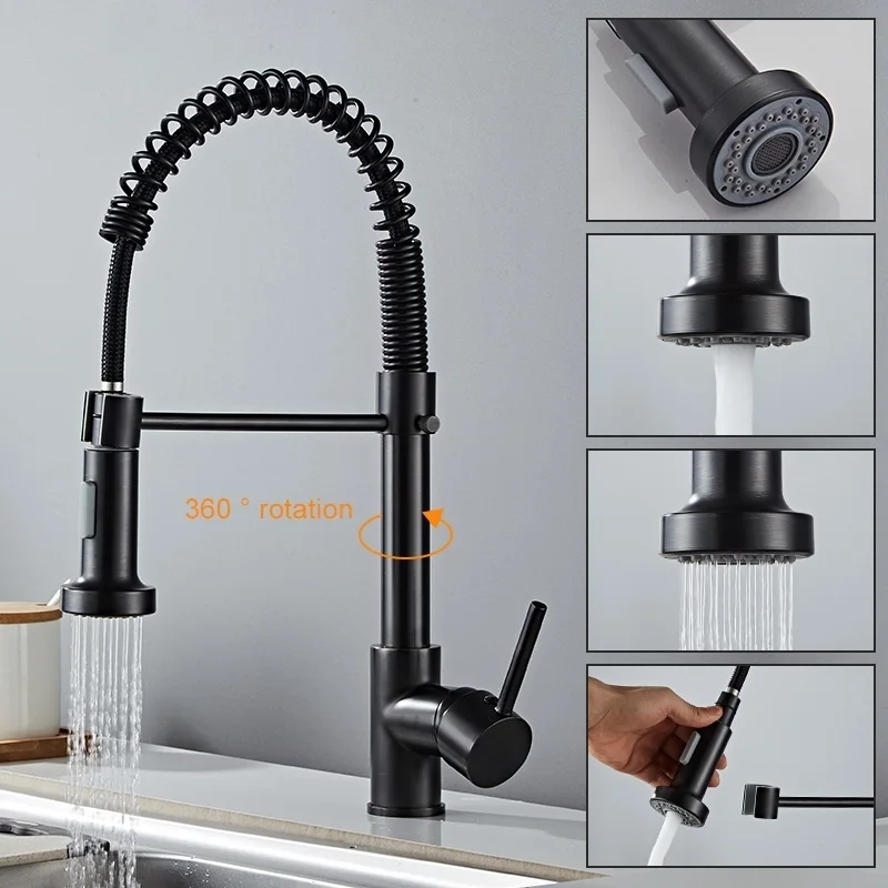 

Deck Mounted Flexible Kitchen Faucets Pull Out Mixer Tap Black Hot Cold Kitchen Faucet Spring Style with Spray Mixers Taps E9009