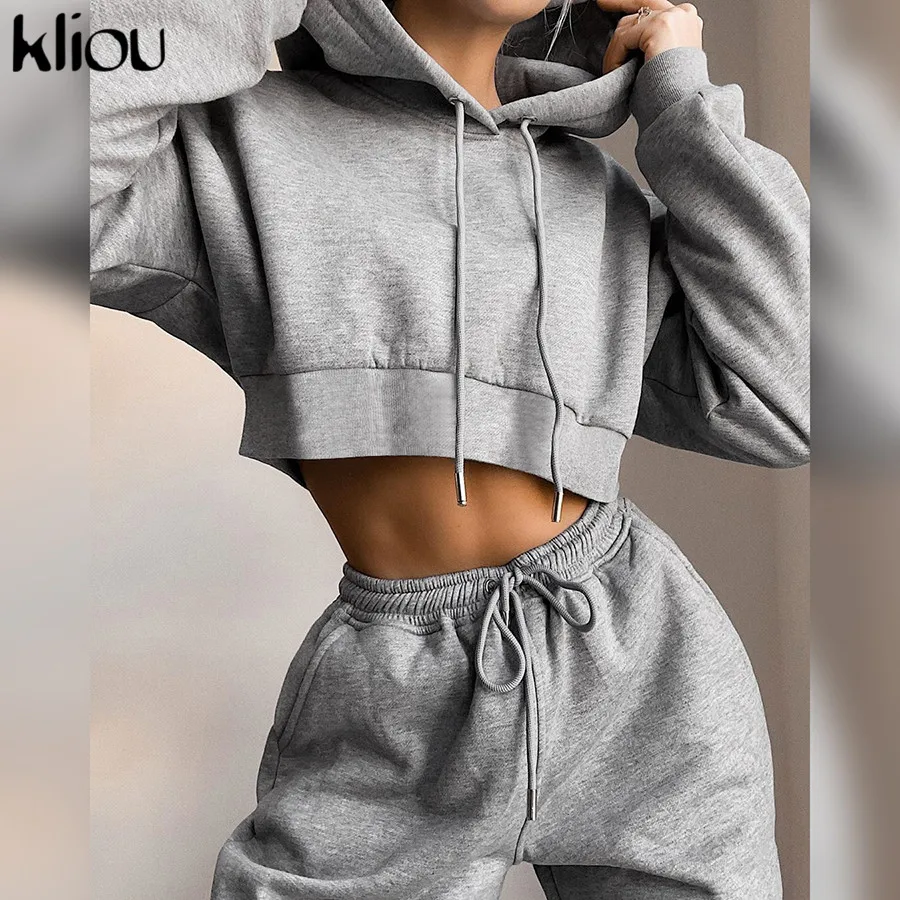 Kliou/хлопковый однотонный комплект из двух предметов с капюшоном Женский Осенний