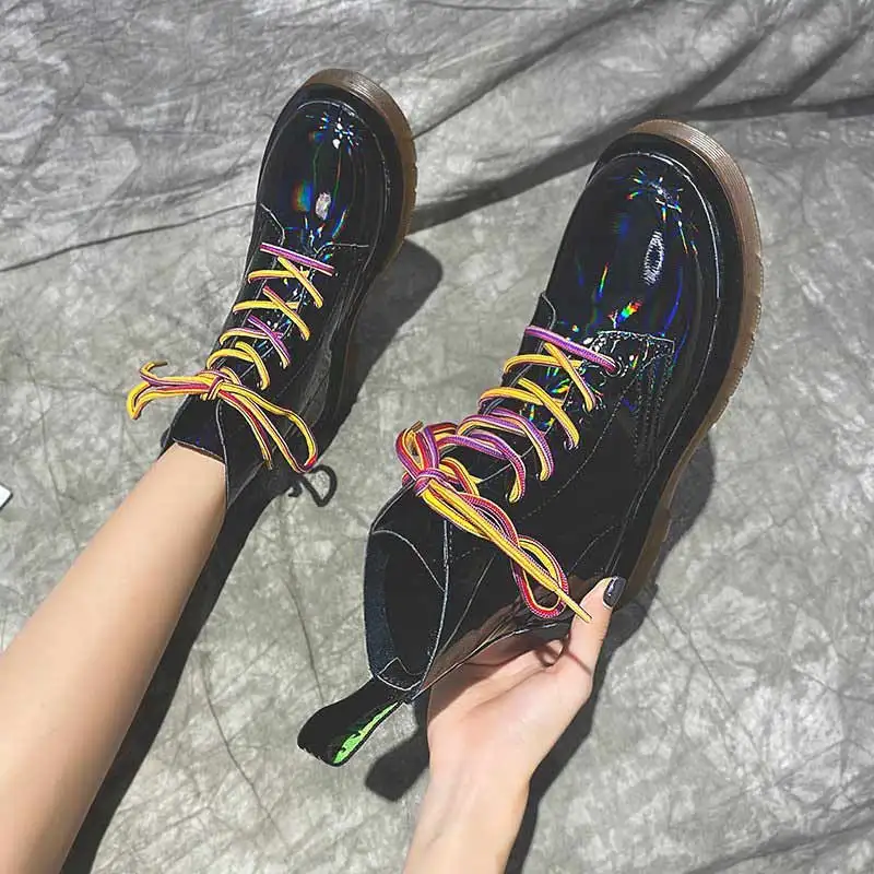 Boots Female Women Shoes Ankle Waterproof Shoes Rubber Lace Up Ankle Boots Shiny Ribbon Rain Boots Motorcycle Martin Shoes