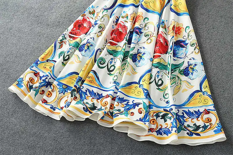 

retro style Italy print buttons dress summer runway floral print vintage dress Fashion A-line sleeveless dress D262