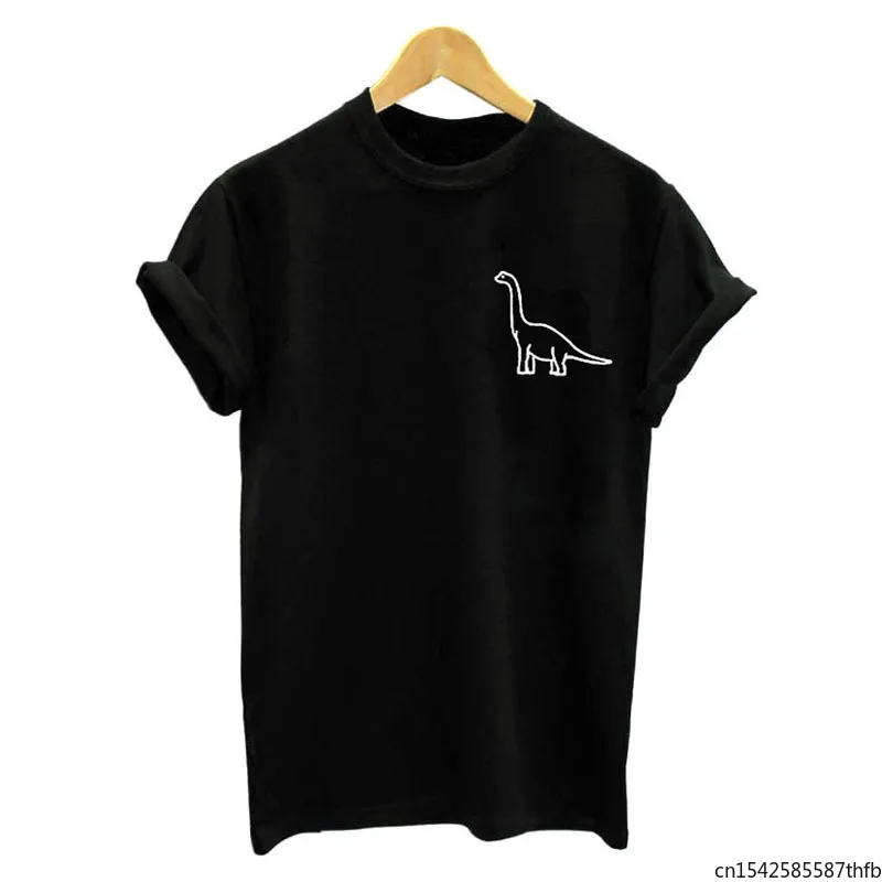 

Neck Graphic Funny Tees Dinosaur Pocket Print Women Black T-shirt Cute Harajuku Hipster Grunge Tshirt Casual Summer Crew Tops