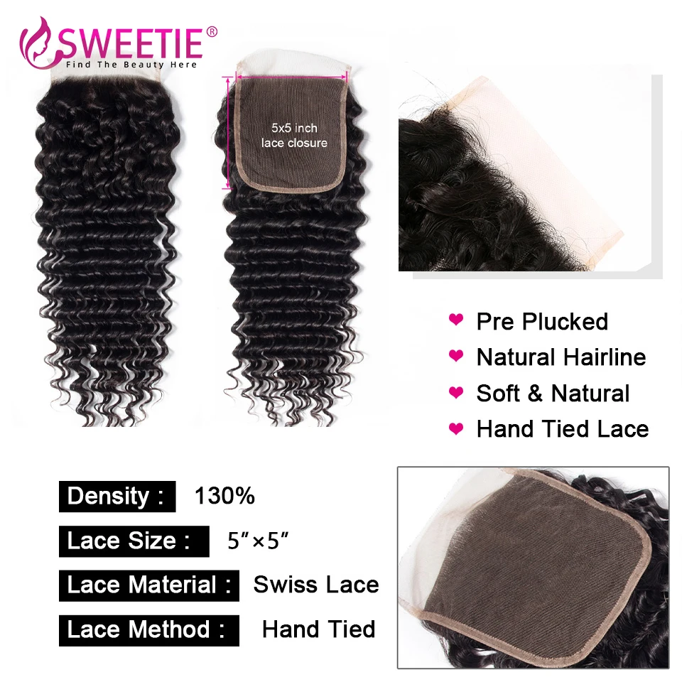 

Sweetie 5X5 Closure With Bundles 100% Human Hair Malaysian Deep Wave 3 Or 4 Bundle Deals With Lace Closure Remy Hair Weaves