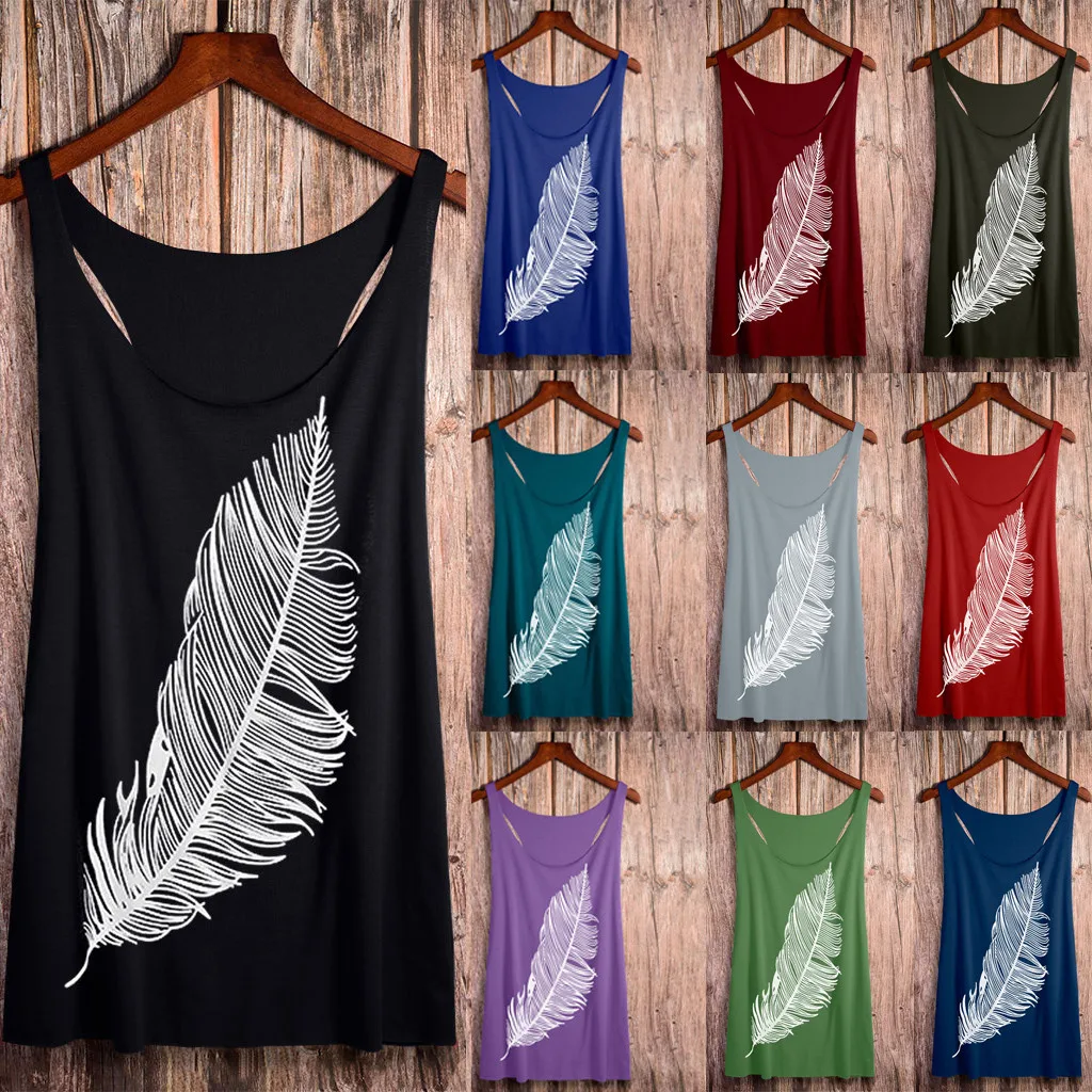 Майка женская с принтом перьев Спортивная свободная длинная жилетка без рукавов