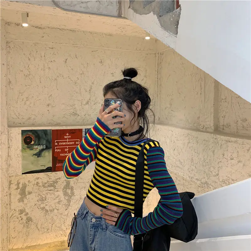 

Striped Knitted T-shirt 2020 New Spring Women Student Wind Casual Wild Slim Short T-shirt Female Crop Tops Long Sleeve T-Shirts