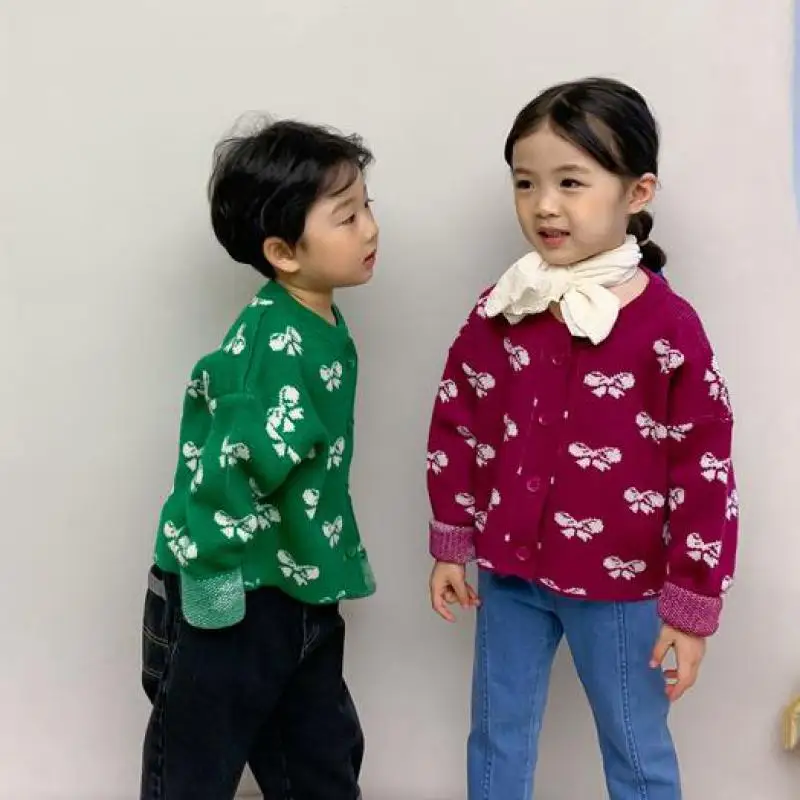

Spring Autumn Kids Girls Sweater Boys Knitted Cardigan Children Knit Tops Fashion Girls O-neck Bow Print Sweater Clothes