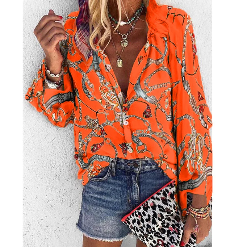 

Fashion Long Sleeve Print Buttons Casual Womens Tops and Blouses 2021 Spring Autumn Office Women Shirts Plus Size 5xl Blusas