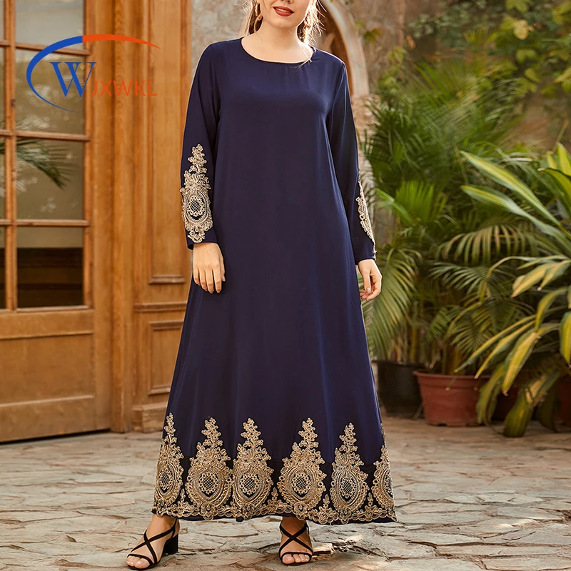 

WJXWKL 2021 Women Fashionable Golden Applique Color Contrast Patchwork Long Sleeve Muslim Long Dress Elegant Casual Dress