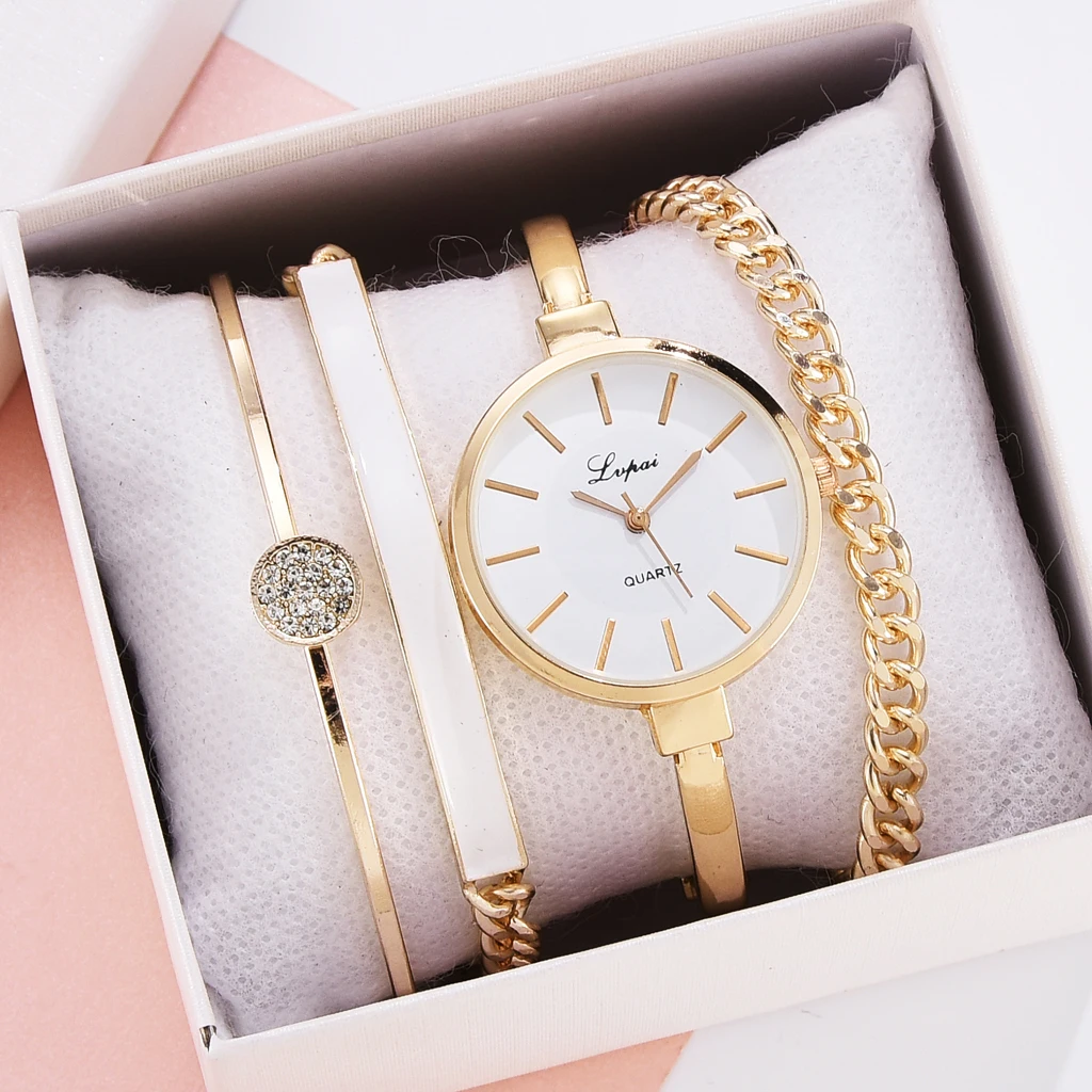 

Luxus Mode Uhr Frauen Leder Uhr Damen Einfache Quarz Armband Armbanduhr frauen 4 stucke Set Uhr Geschenke Relogio feminino